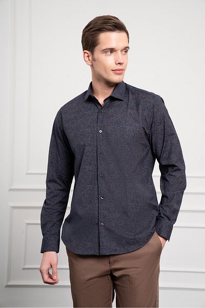 Morven Ανδρικό πουκάμισο με πέτο Navy Blue - Brown Trend Dynamic Fit