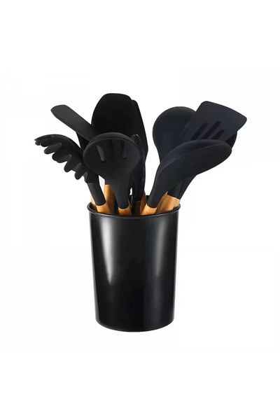INNOVIO Set 11 Ustensile Bucătărie INNOVIO® din Silicon Alimentar cu Mâner din Lemn + Suport, Negru
