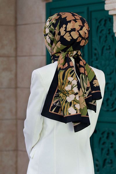 Vissona Luxury Medina Silk - Μοτίβο φύλλων, Χρώμα σολομού, 75x195 Αντιρυτιδικό σάλι Moss Crepe Τύπος ραφής Ιταλική ραφή