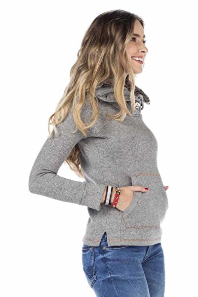 Cipo&Baxx Kadın Gri Çift Kat Yakalı Cepli Sweatshirt