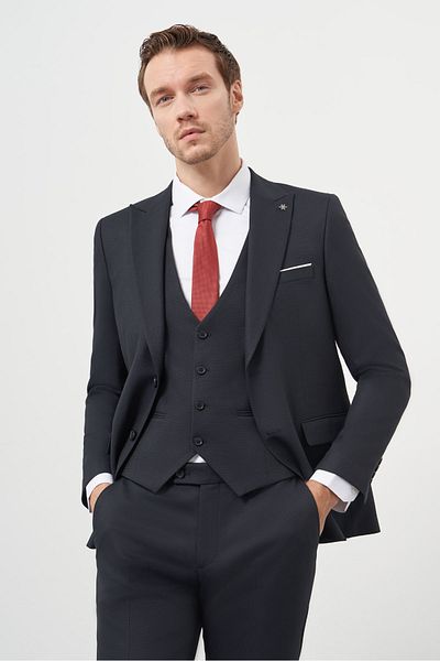 Morven Men's Navy Blue Polyviscon Basic Jacquard Pattern Slim Fit Pointed Collar Suit with Vest