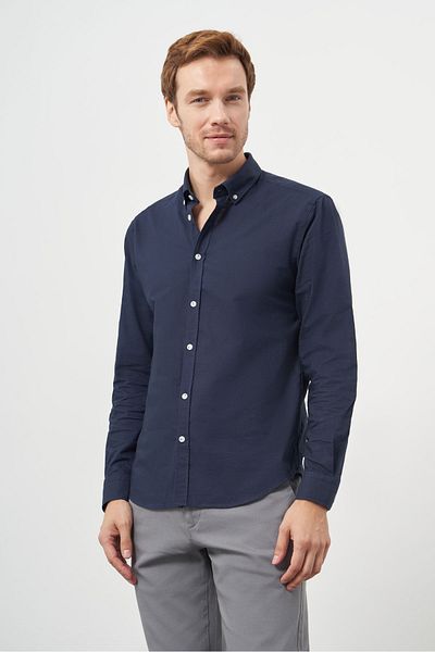 Morven Ανδρικό πουκάμισο με γιακά με κουμπιά Navy Blue Cotton Trend Dynamic Fit