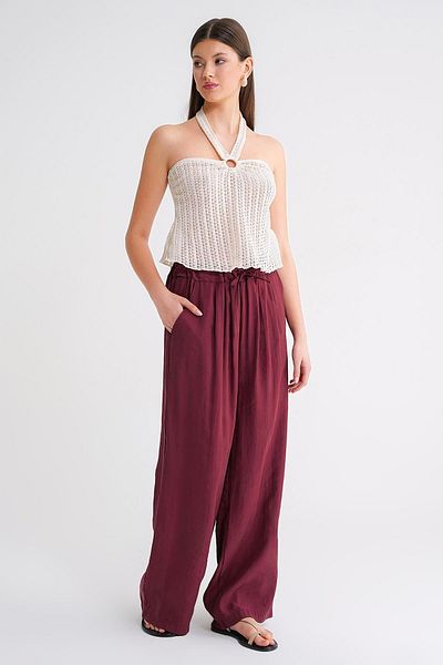 Mixray 4627 Women's Wide Leg Pleated Palazzo Trousers Burgundy