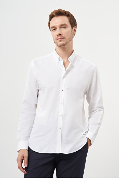 Morven Men's White Cotton Trend Buttoned Collar Dynamic Fit Shirt