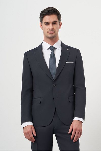 Morven Men's Navy Blue Polyviscon Basic Jacquard Pattern Slim Fit Pointed Collar Suit