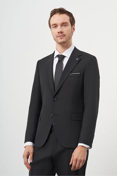 Morven Men's Black Wool Slim Fit Mono Collar Suit