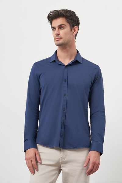 Morven Ανδρικό πουκάμισο Navy Blue Trend Slim Fit ιταλικό γιακά