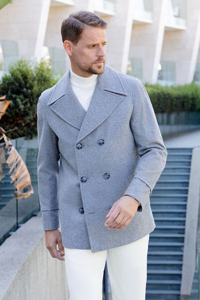 Morven Ανδρικό γκρι μάλλινο παλτό διπλό διπλό Dynamic Fit με μυτερό γιακά