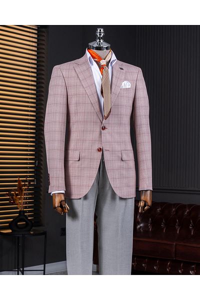 TerziAdemAltun Pink Plaid Mono Collar Men's Jacket - Classic Cut, Regular Fit T11526