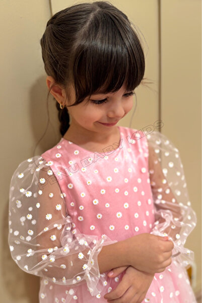 penu baby kids Φόρεμα για μωρά και κορίτσια με ροζ λουλουδάτο σχέδιο, φούστα από τούλι και μανίκια από τούλι τριών τετάρτων - λουλούδι