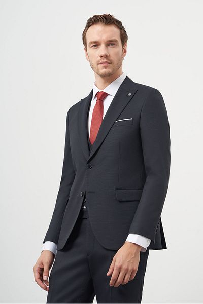 Morven Men's Navy Blue Polyviscon Basic Jacquard Pattern Slim Fit Pointed Collar Suit with Vest