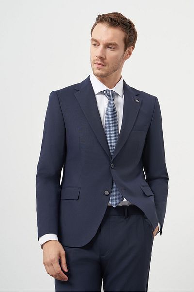 Morven Men's Navy Blue Wool Slim Fit Mono Collar Suit