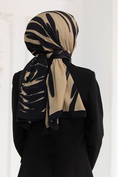 Vissona Πολυτελές Medina Silk Γεωμετρικό Μπεζ Χρώμα 75x195 Ανθεκτικό στις ρυτίδες Σάλι Moss Crepe Τύπος ραφής Ιταλική βελονιά