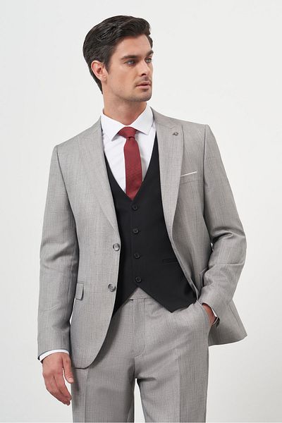 Morven Men's Gray Trendy Vest Combination Slim Fit Pointed Collar Suit