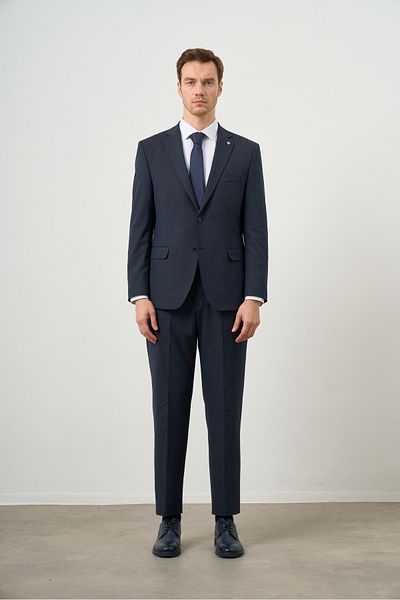 Morven Men's Navy Blue Polyviscon Trend Plaid Dynamic Fit Mono Collar Suit