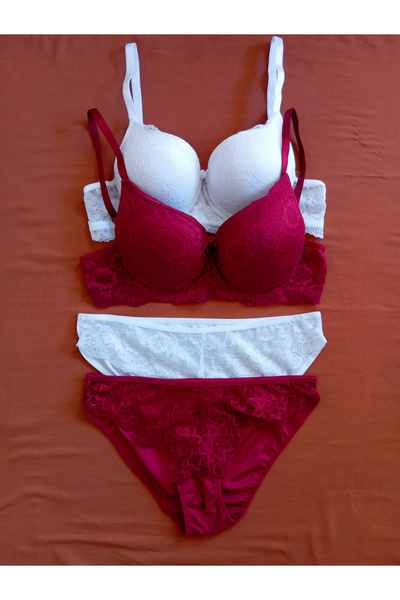 ST iç giyim Дамски комплект сутиен от 2 части с дантела в бяло и бордо