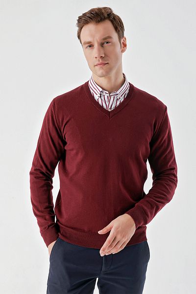 Morven Ανδρικό πλεκτό με σκούρο Claret Red Basic V-Neck Dynamic Fit Relaxed Cut