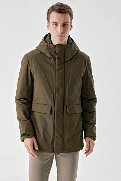 Morven Erkek Haki Flora Çıtçıtlı Kapüşonlu Dynamic Fit Rahat Kesim Mont