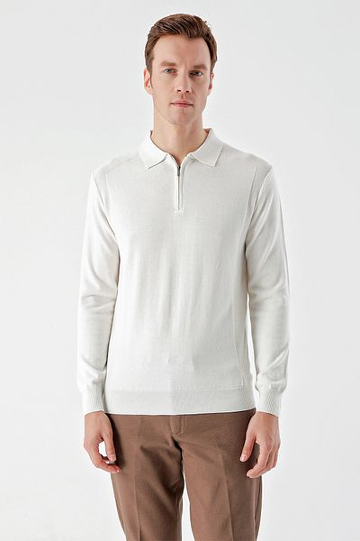 Morven Ανδρικά πλεκτά πλεκτά εκρού Trend Jacquard με φερμουάρ με λαιμόκοψη Dynamic Fit Relaxed Cut