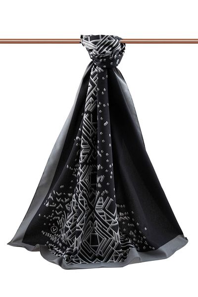 Vissona Luxury Medina Silk Geometric Pattern Μαύρο - Γκρι Χρώμα 75x195 Ανθεκτικό σάλι Moss Crepe Τύπος ραφής Ital