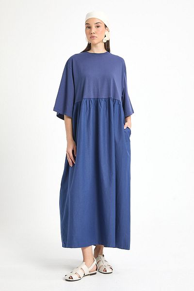 minaaise Navy Blue Top Combed Cotton Bottom Woven Oversize Long Dress 27258