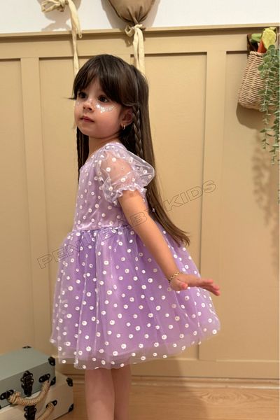 penu baby kids Lilac Floral Patterned Tulle Skirt and Short Tulle Sleeve Baby Girl & Girl Dress - Flower