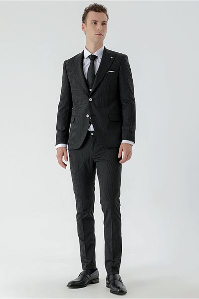 Morven Men's Black Polyviscon Trend Vest Striped Pattern Slim Fit Pointed Collar Suit