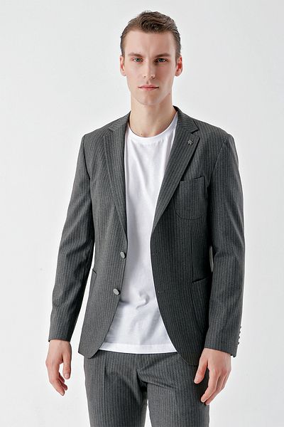 Morven Men's Gray Polyviscon Trend Striped Pattern Slim Fit Mono Collar Suit