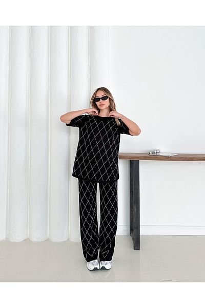 badibadii Women's Casual Diamond Blouse Elastic Waist Trousers Modal Suit 3089 60283231