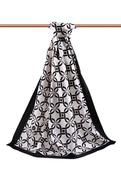 Vissona Luxury Medina Silk Geometric Pattern Μαύρο - Λευκό Χρώμα 75x195 Ανθεκτικό σάλι Moss Crepe Τύπος ραφής