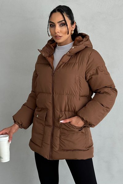 moda armanc Hooded Oversize Women's down Jacket - 4 Pocket Detail, Brown