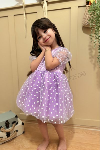 penu baby kids Lilac Floral Patterned Tulle Skirt and Short Tulle Sleeve Baby Girl & Girl Dress - Flower