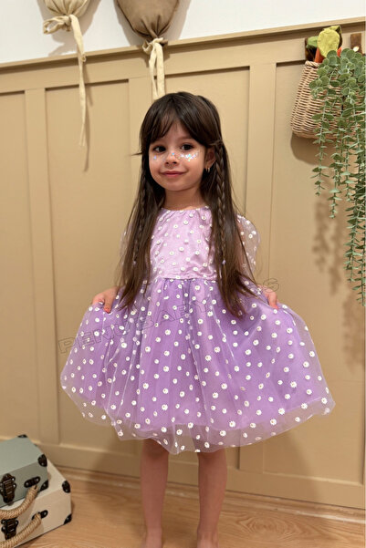 penu baby kids Lila Çiçek Desenli Tül Etekli Ve Kısa Tül Kol Kız Bebek & Kız Çocuk Elbise - Flower