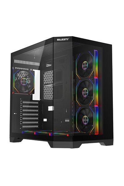 majesty صندوق ماجيستي ميدمافيرا ميد تاور، 7 مراوح ARGB، زجاج مقسى، دعم ATX، Type-C و2×USB 3.0 أسود