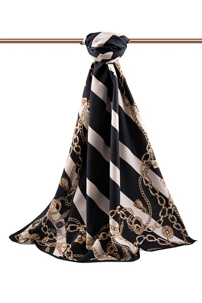 Vissona Luxury Medina Silk ριγέ και μοτίβο αλυσίδας μαύρο - κρεμ χρώματος 75x195 ράψιμο σε σάλι Moss Crepe