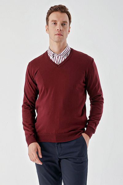 Morven Ανδρικό πλεκτό με σκούρο Claret Red Basic V-Neck Dynamic Fit Relaxed Cut