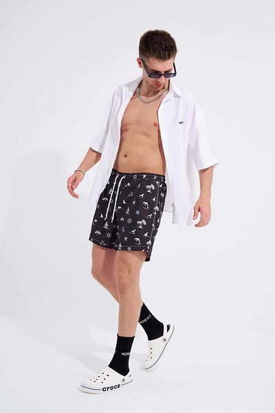 Machinist Men's Ancher and Starfish Printed Black White Swim Shorts