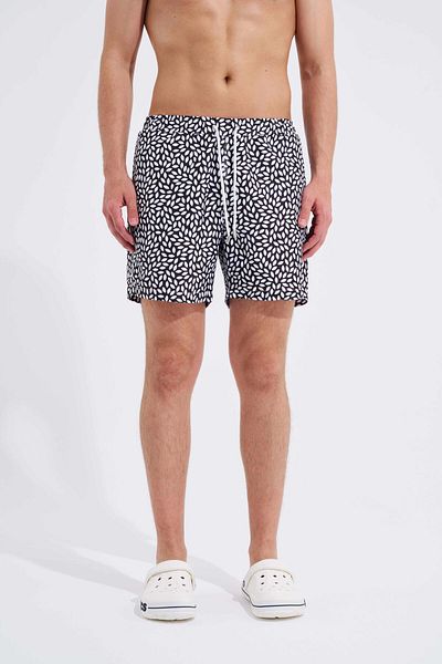 Machinist Men's - Leaves Printed Black and White Swim Shorts