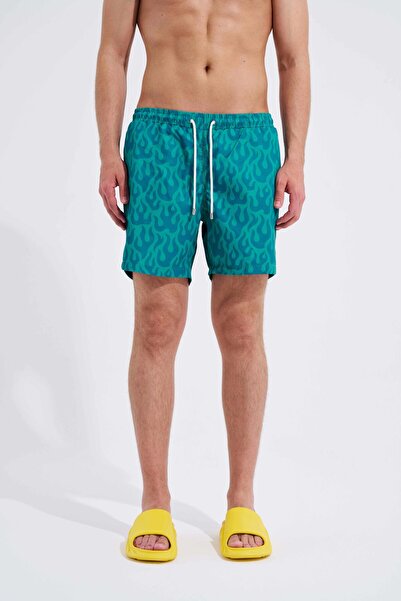 Machinist Green Men's Swim Shorts - Flames Printed