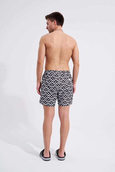 Machinist Men's Black and White Abstract Lines Printed Swim Shorts