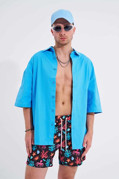 Machinist Men's Octobus with Sea Shell Printed Black Black Swim Shorts