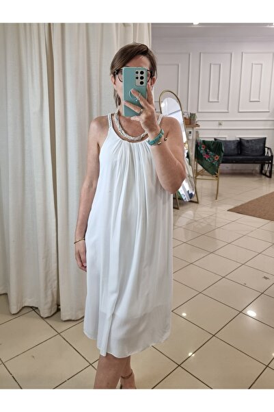 pudubutik فستان فيسكوز أبيض بحزام رفيع إيطالي