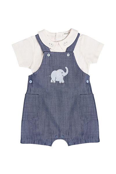 Miny Center Elephant Embroidery Detailed Baby Boy Salopet Set