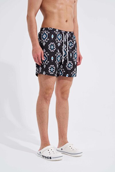 Machinist Ανδρικό μαύρο γεωμετρικό Ethnic εμπριμέ σορτς κολύμβησης