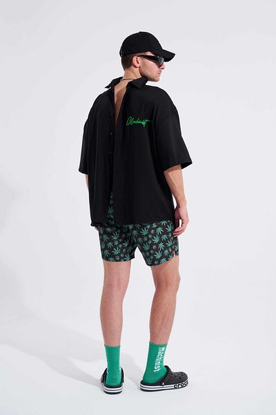 Machinist Men's Cannabis Leaves Printed Black Green Swim Shorts
