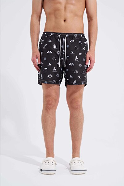 Machinist Ανδρικό σορτς μαγιό με στάμπα Ancher And Starfish σε μαύρο και άσπρο