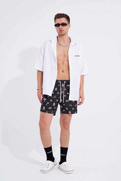 Machinist Men's Ancher and Starfish Printed Black White Swim Shorts