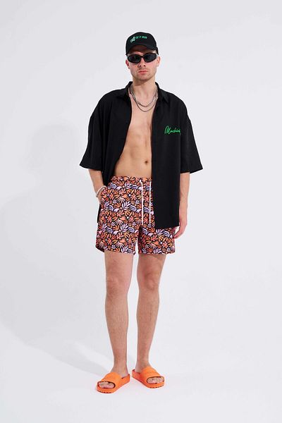 Machinist Orange Men's Swim Shorts - Plant Leaf Printed