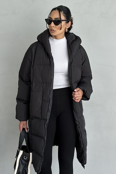 moda armanc Puffer Black Hooded Long Women's down Jacket - Bat Sleeve