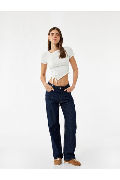 Koton Asymmetrical Cut Gathered Crew Neck Short Sleeve Blouse